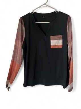 Womens Black Henley Top with Rust Stripe Sleeves and Pocket